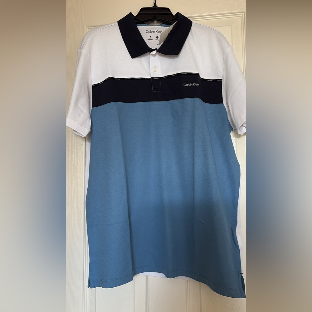 Calvin Klein Men's White, Black, and Blue Polo Shirt